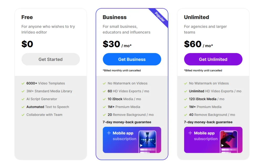 InVideo Subscription Plans